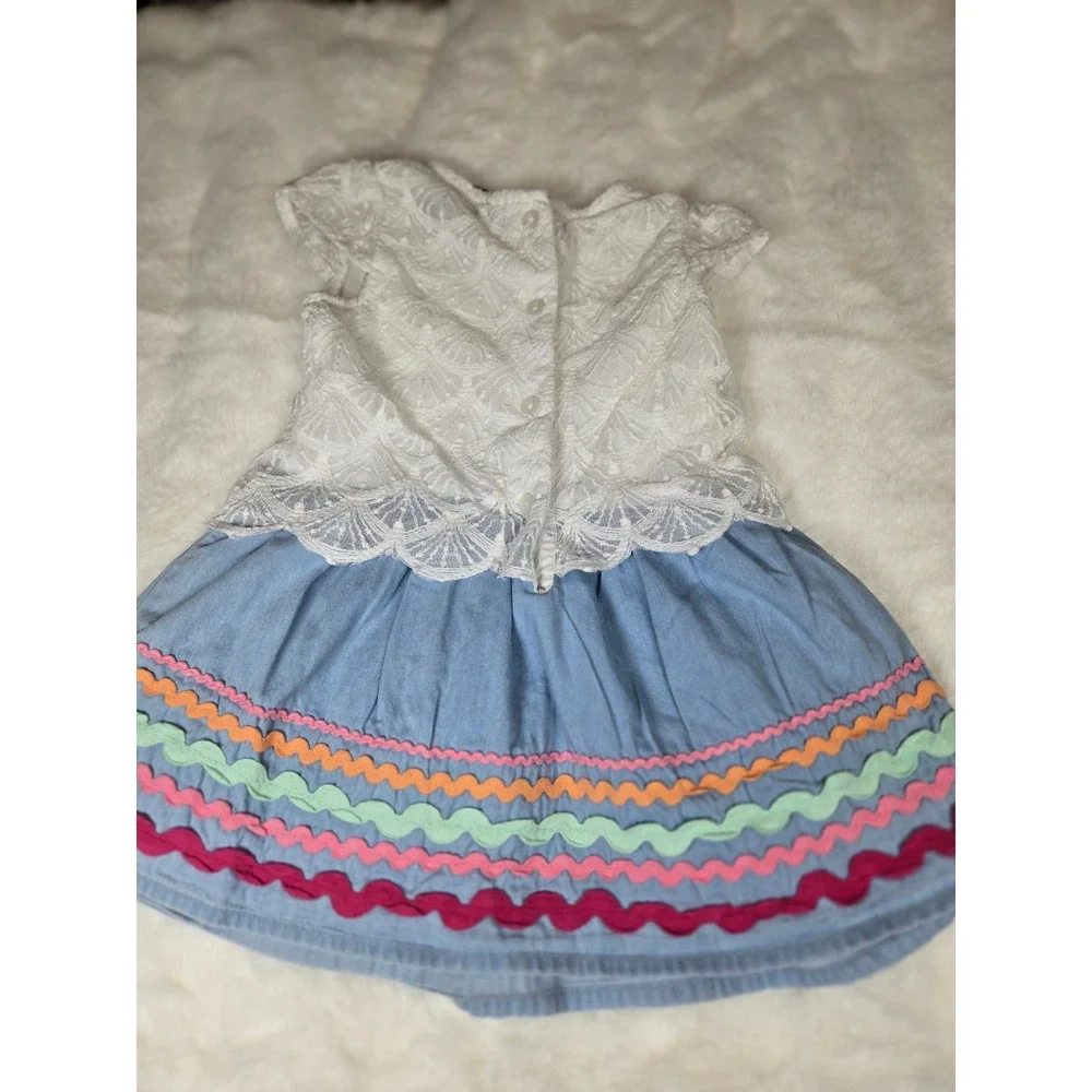 Cynthia Rowley 24M Baby Girls Lace Denim Rickrack Bow Dress White Blue Short Slv
